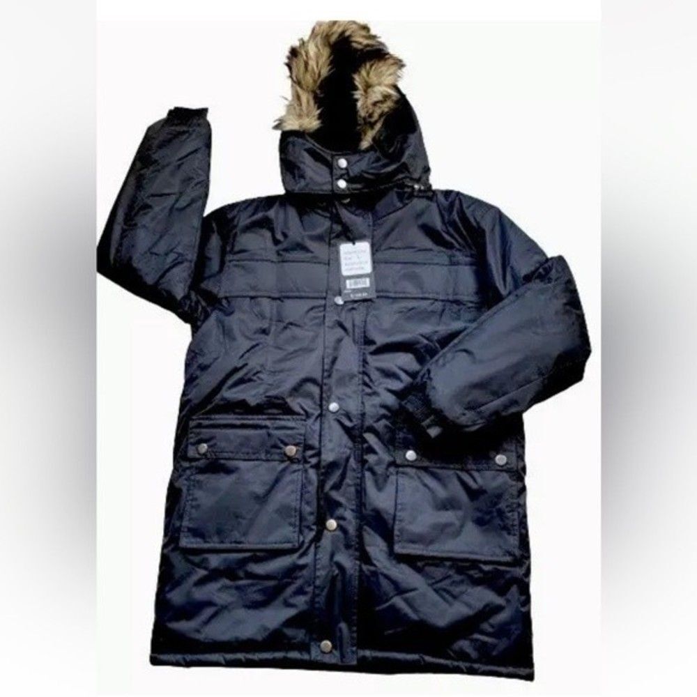 Han Ton Men's Hooded Black Parka With Faux Fur Trim Size S Puffer NWT $129